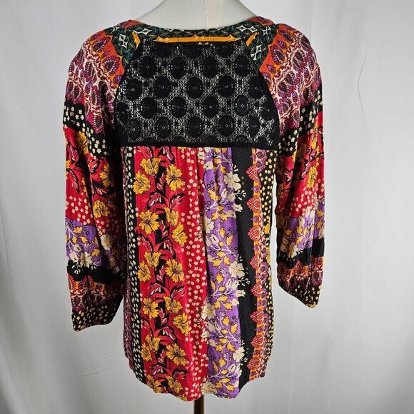 Figueroa & Flower Boho Top P Large Multi Color Floral 3/4 Puff Sleeve Lace Back - Picture 4 of 9